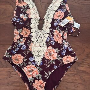 Kona Sol Floral Lace One Piece Swimsuit - Black and Pink